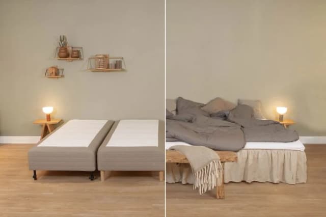 Prima e dopo: due basi letto spoglie affiancate e gli stessi letti uniti in un unico letto rifatto con piumoni e gonna coprirete