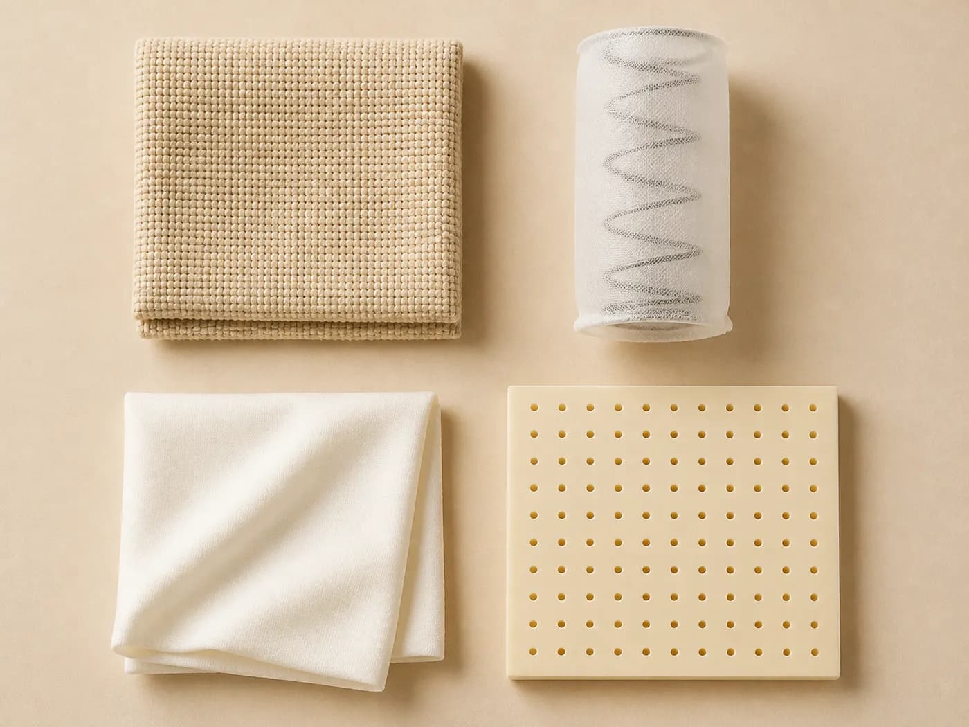 Quattro campioni di materiali su una superficie chiara: tessuto beige intrecciato del rivestimento, una singola molla insacchettata nella propria tasca in tessuto, un morbido tessuto bianco ripiegato e una lastra perforata di lattice naturale.