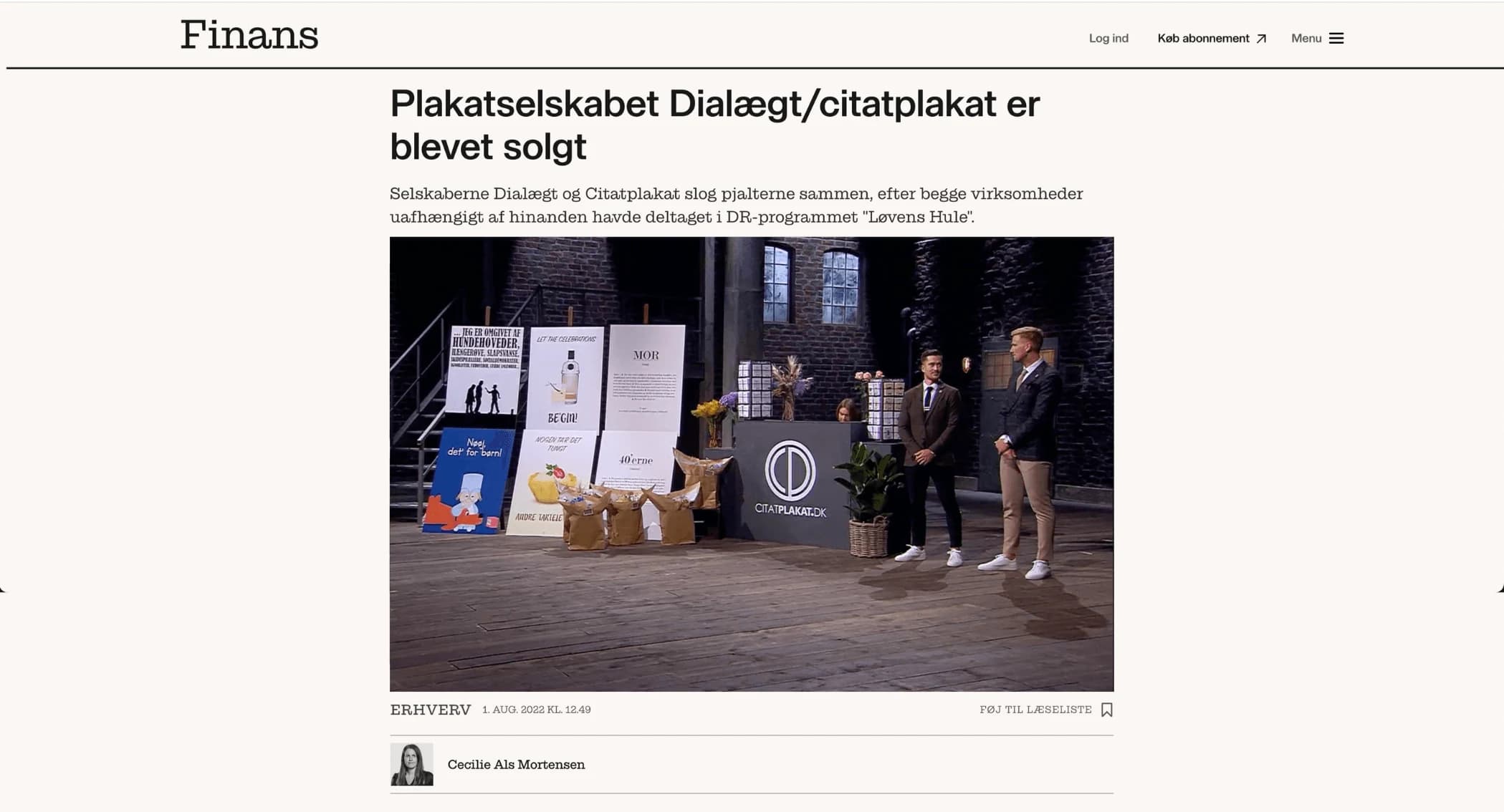 Schermata dell'articolo di Finans sulla vendita di Dialægt/Citatplakat