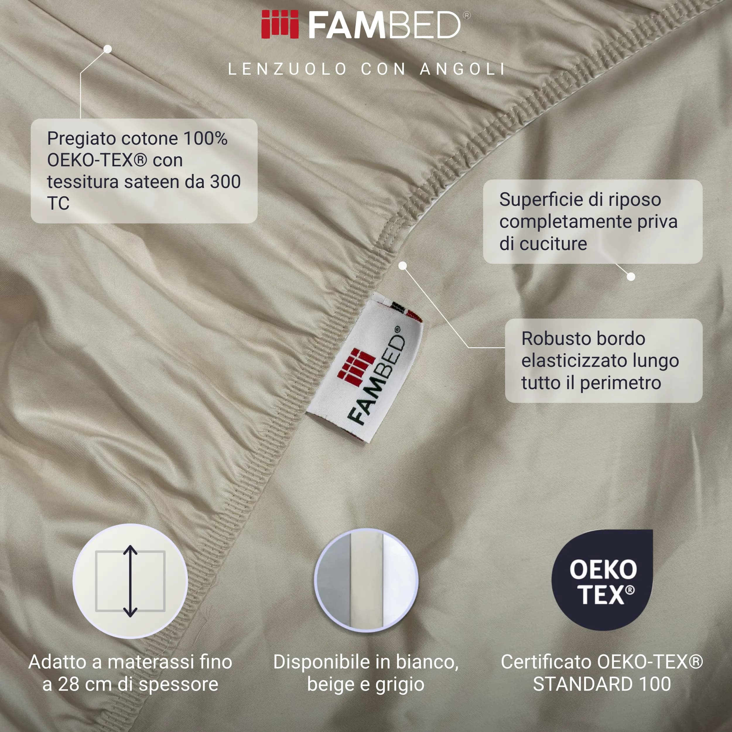 Infografica: lenzuolo con angoli FAMBED beige con dettagli su cotone certificato OEKO-TEX® con tessitura SATEEN da 300 TC, superficie di riposo senza cuciture e robusto bordo elasticizzato