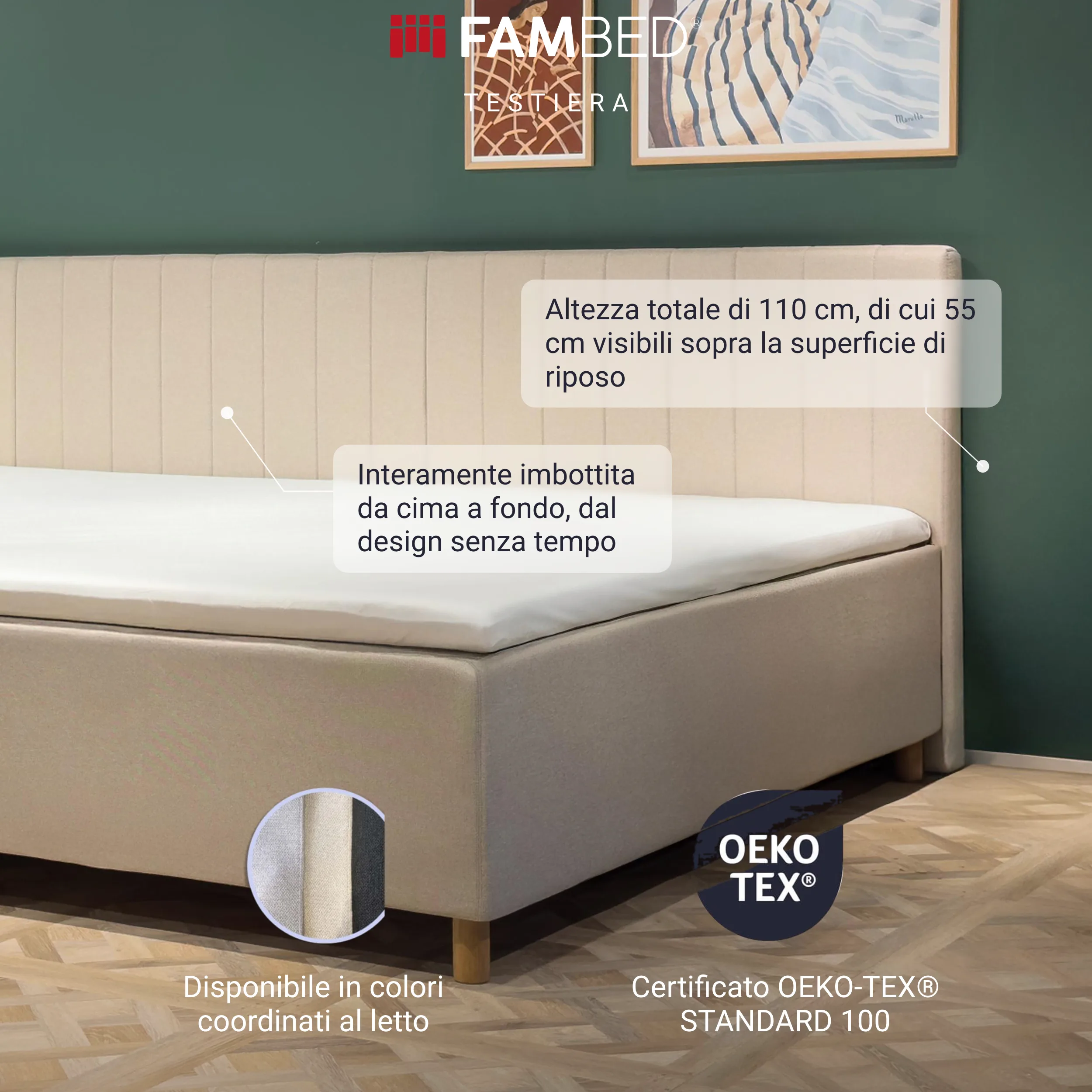 Infografica: testiera FAMBED beige dietro il letto, con dettagli sull'imbottitura integrale, l'altezza di 110 cm e i colori coordinati