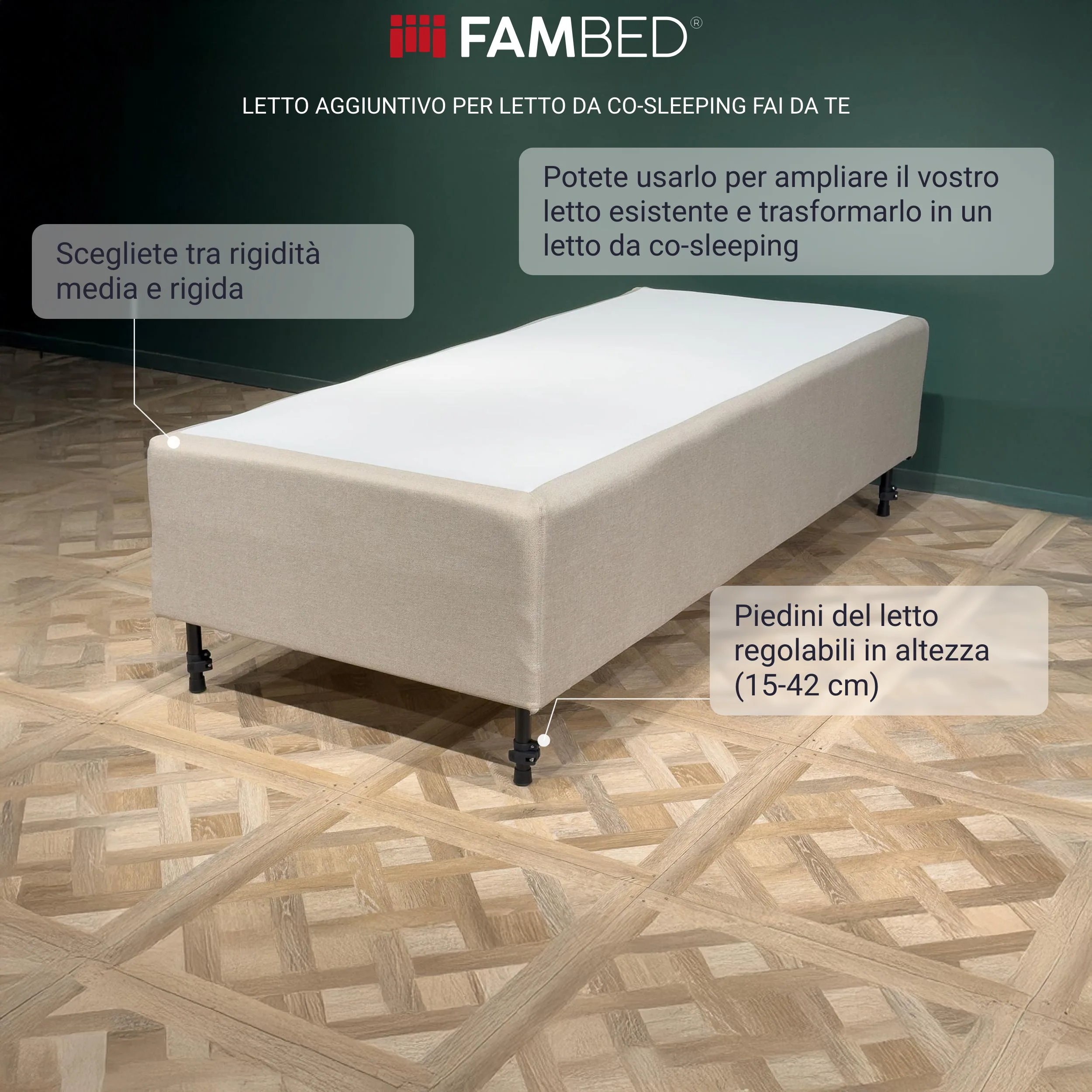 Infografica: letto aggiuntivo FAMBED su piedini neri, con indicazioni sul materasso a molle reversibile a 7 zone e sui piedini regolabili in altezza