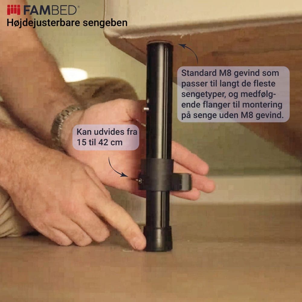 Infografica: piedino nero regolabile in altezza montato sotto il letto, con indicazioni sulla filettatura M8 e sull'altezza regolabile da 15 a 42 cm