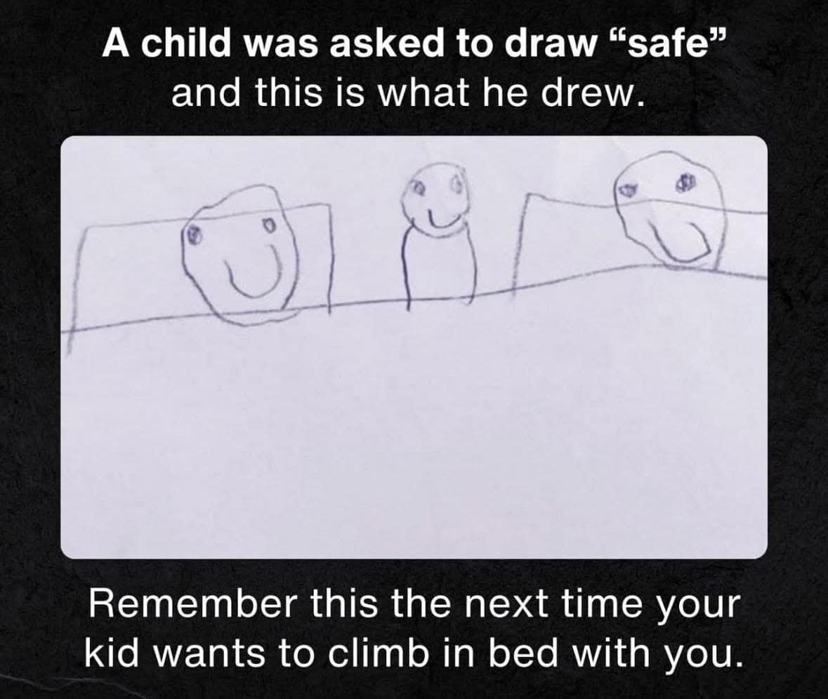 Il disegno di un bambino raffigurante tre figure sorridenti in un letto, accompagnato da un testo in inglese che spiega che al bambino era stato chiesto di disegnare la parola «safe»