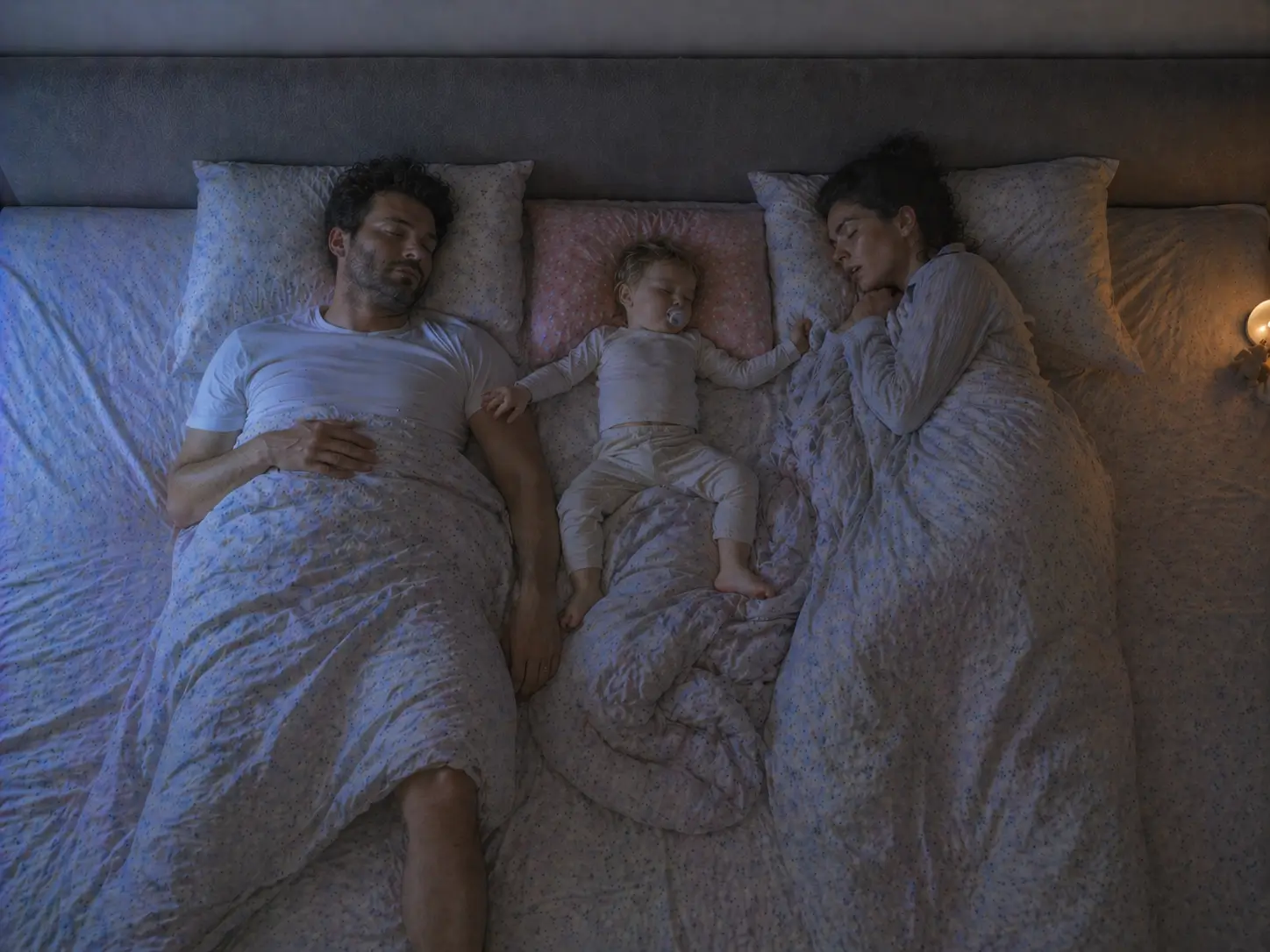 Una famiglia di tre persone dorme fianco a fianco nel letto familiare, vista dall'alto