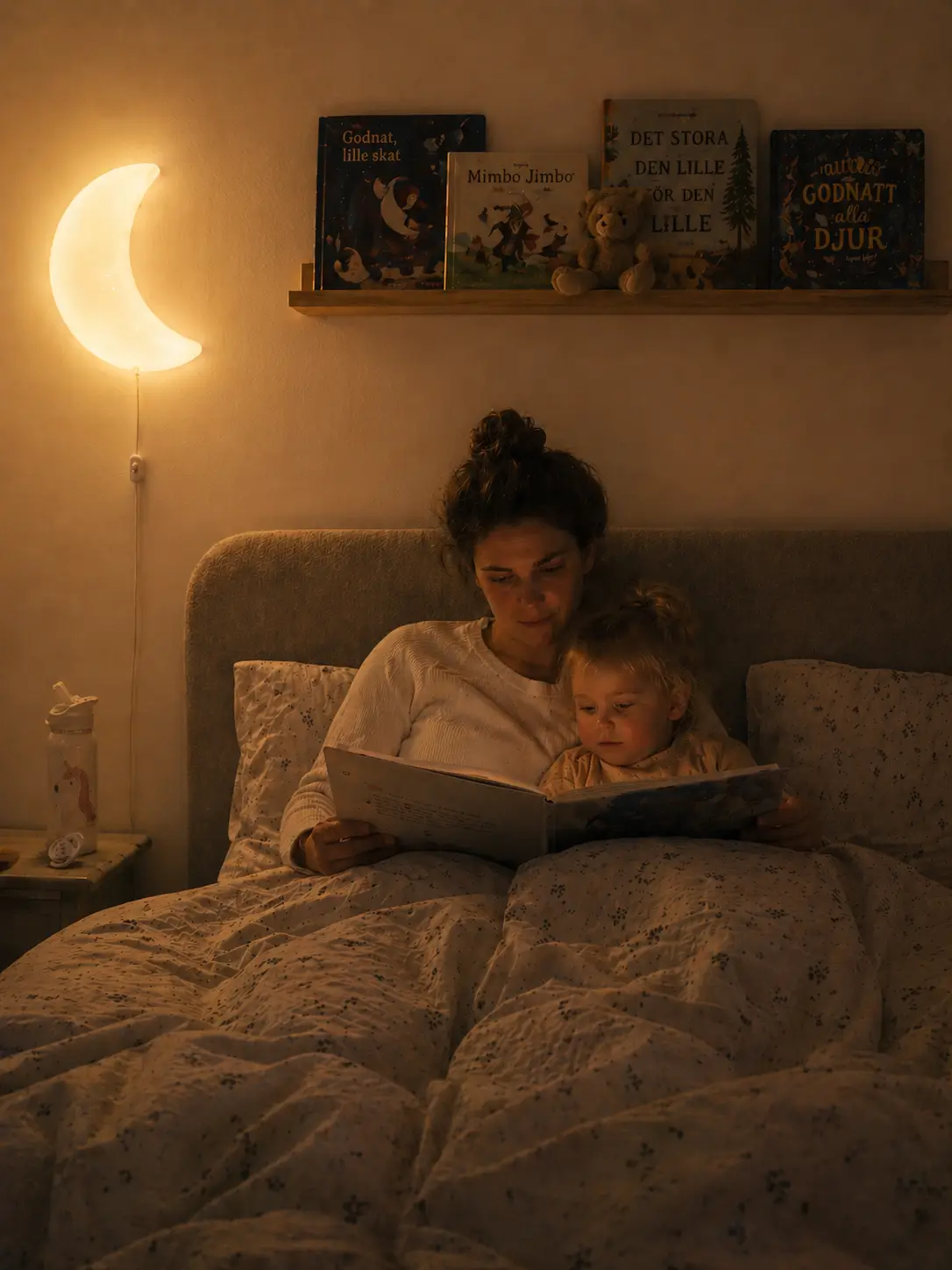 Una mamma e il suo bambino leggono una storia della buonanotte a letto, sotto la luce di una lampada a forma di luna