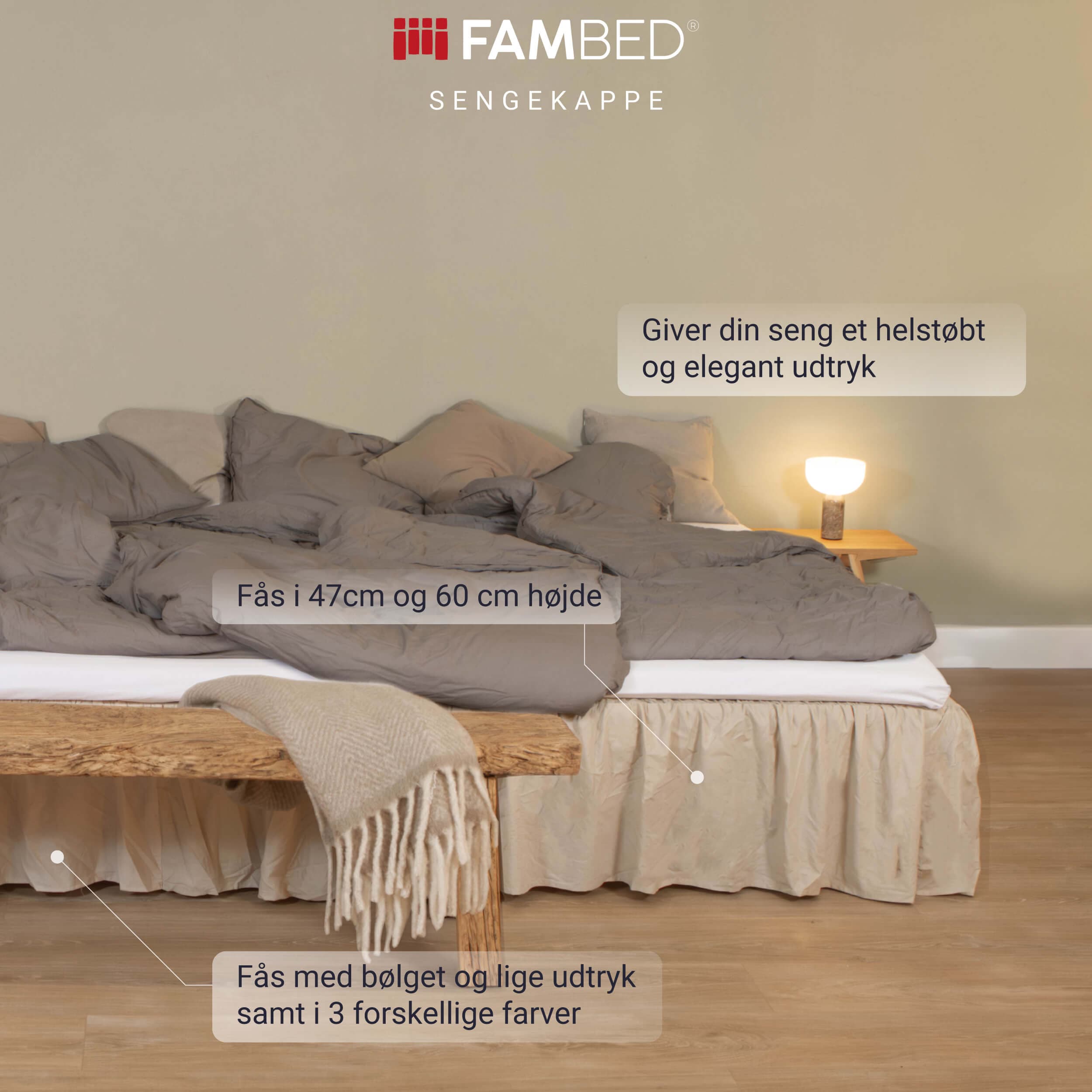 Infografica: letto rifatto con coprirete FAMBED beige e indicazioni sull'aspetto uniforme, le due altezze e le versioni arricciata o lineare